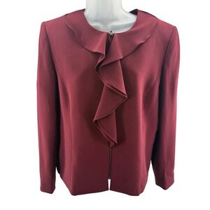 Tahari Arthur S Levine Burgundy Ruffle Front Zip Blazer Jacket Womens Size 14
